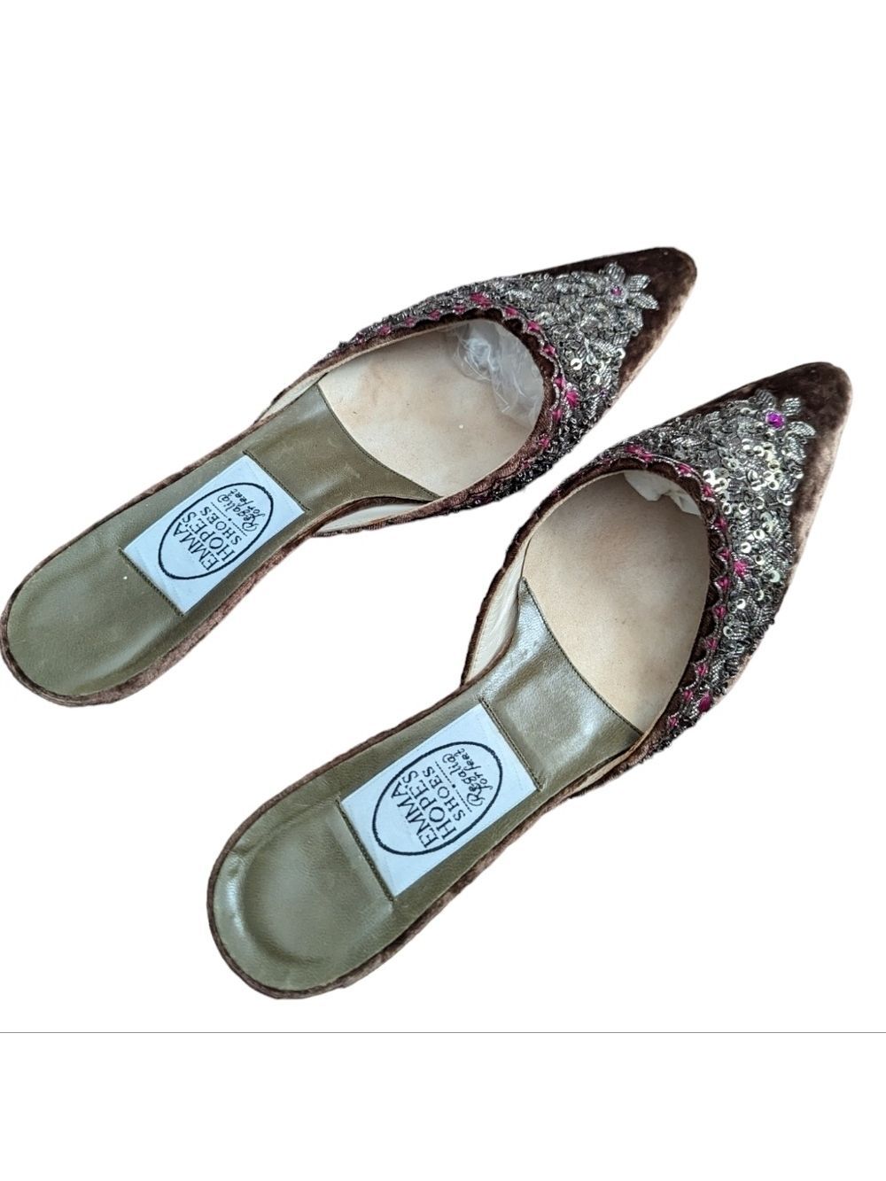 Emma Hope Velvet Beaded Sequin Kitten Heel Italian Mules.
